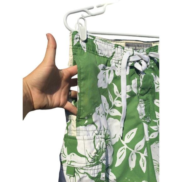 Abercrombie & Fitch swim trunks 30 green white shorts drawstring tropical y2k - Picture 6 of 11